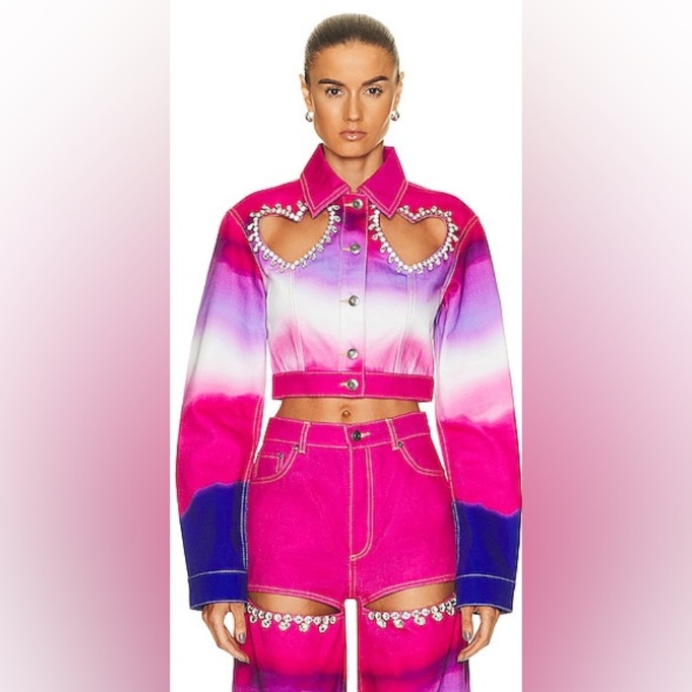 AREA Embellished Heart ombré denim jacket